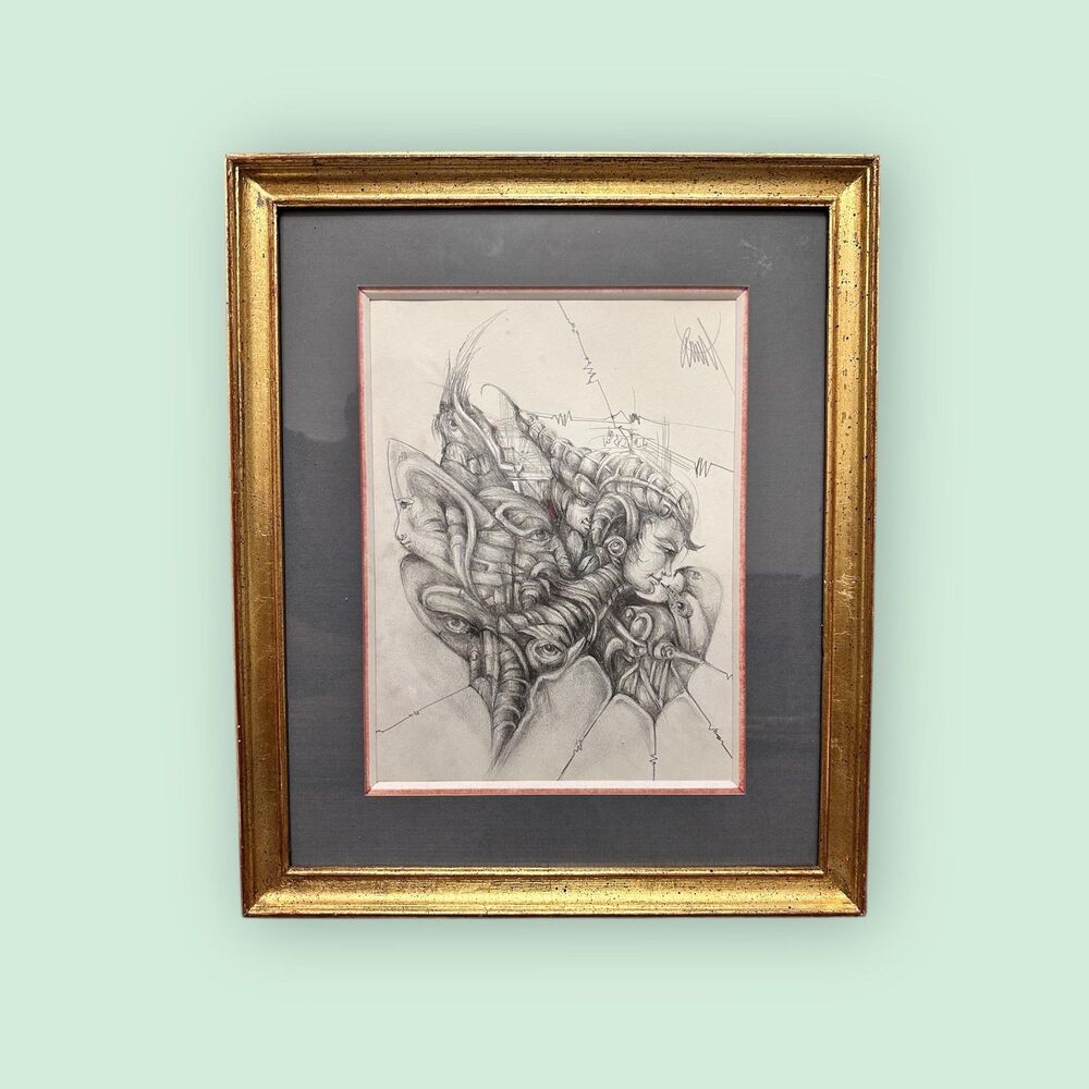 Signed Surrealist Pencil Drawing: Dreamscape Art, Loire Valley France